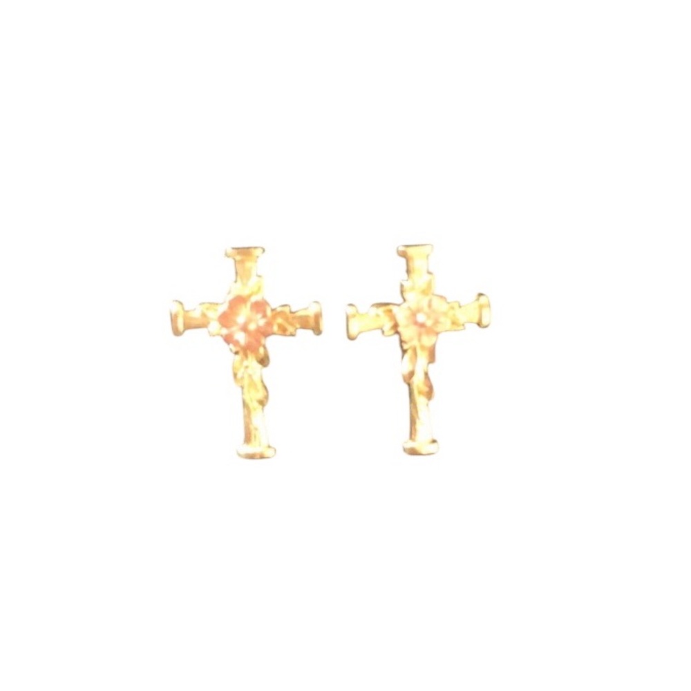 Cross with Pink Flower Post Earrings 14k Gold
